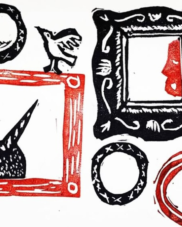 A red and black relief print of birds and frames, by Holy Roller Press