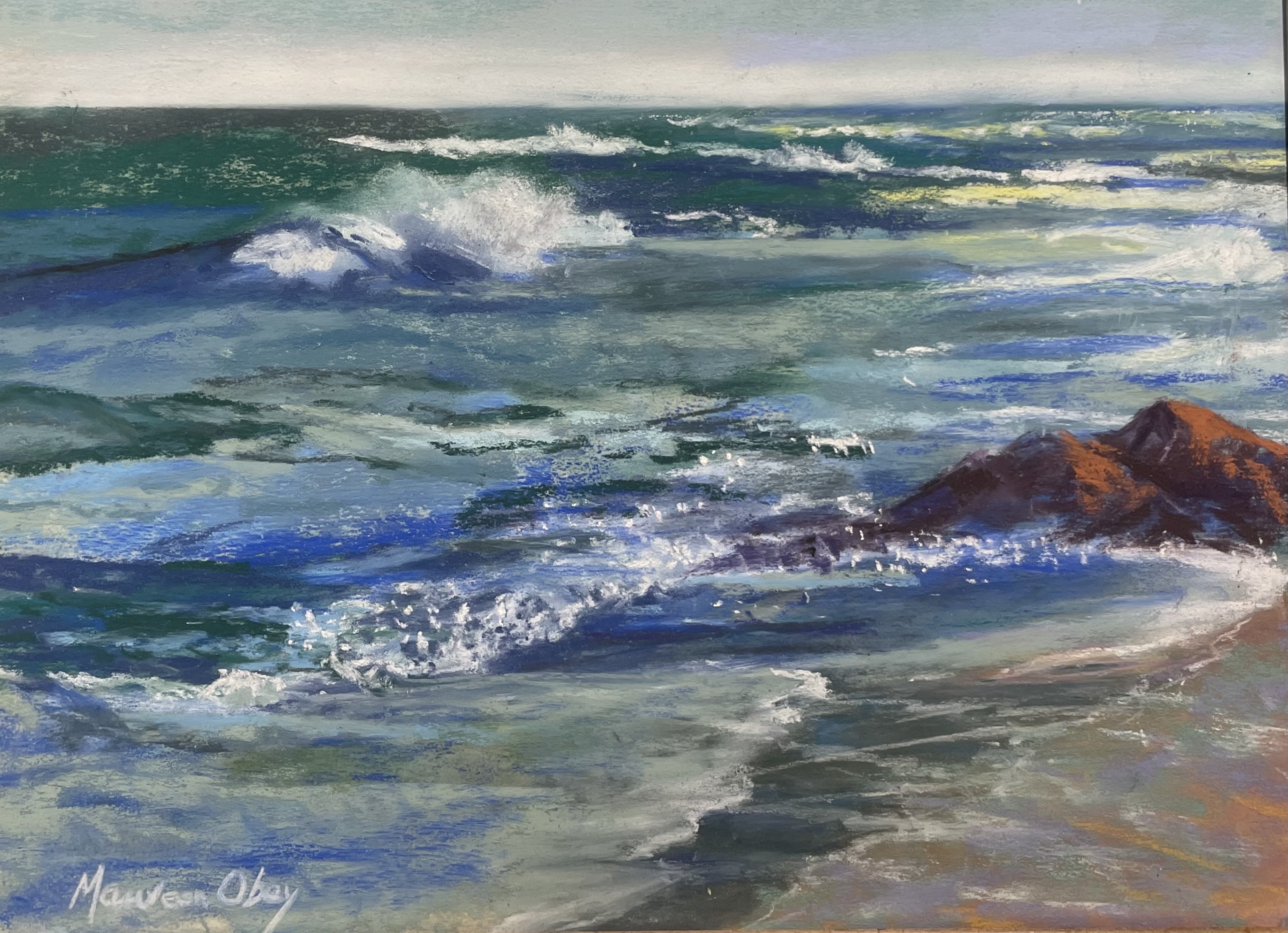 Surf and open water, a pastel seascape by Maureen Obey shown at Gallery 9