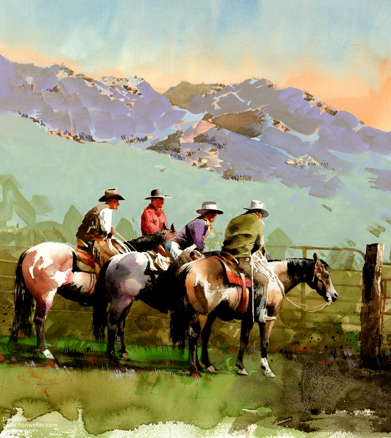 Riders on horseback below mountains, a watercolour shown at Gallery 9