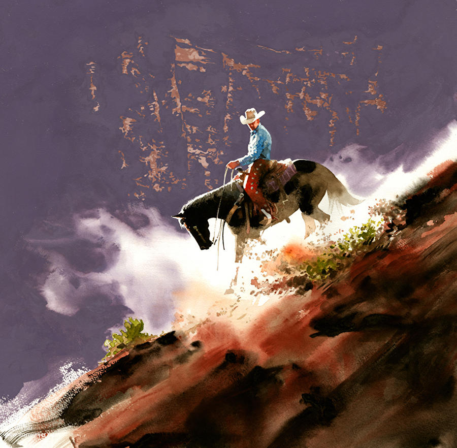 A rider on horseback, mixed media, shown at Gallery 9